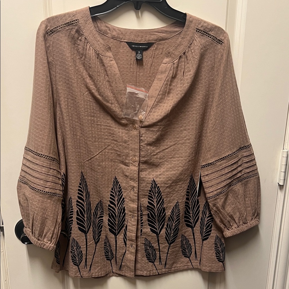 Investments Taupe Blouse with Black Botanical Border